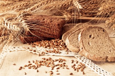 Grup ekmek ve buğday kulakları ve buğday tohumu ile kompozisyon