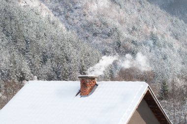 Smoking chimney at winter forest background clipart