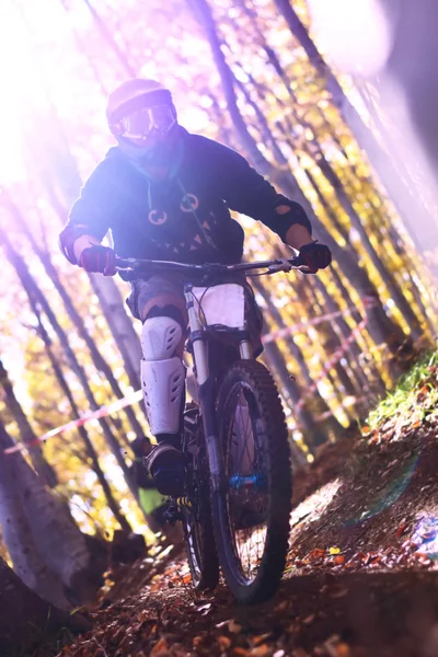 極端な楽しいスポーツとして自転車に乗る。ダウンヒル バイク. — ストック写真