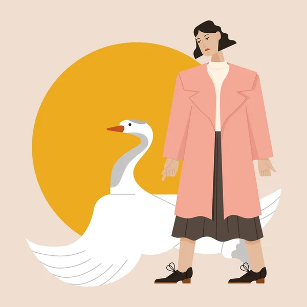 Vector girl in flat style with animal — Archivo Imágenes Vectoriales