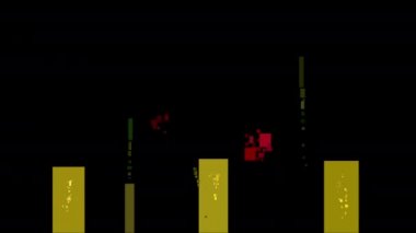 Siyah arka planda 4K havai fişek gösterisi. Soyut tasarım çizgi film tarzı. Gece gökyüzünde mavi, kırmızı, altın renkli parıltılı renkler. Noel 'i, Yeni Yıl arifesini kutlamak için havai fişek gösterisi.