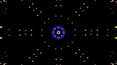 Siyah arka planda 4k kaleydoskopik havai fişekler. Soyut tasarım. Gece gökyüzünde mavi, kırmızı, altın renkli parıltılı renkler. Noel arifesini kutlamak için Kaleydoskop Şovu.