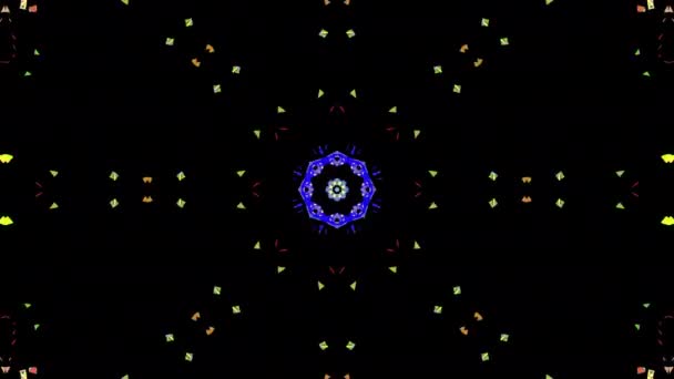 Fuochi Artificio Caleidoscopici Sfondo Nero Design Astratto Blu Rosso Dorato — Video Stock