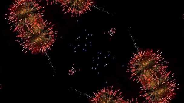 Kaleidoskopisk Fyrverkeri Svart Bakgrunn Abstrakt Design Blå Røde Gylne Glitterfarger – stockvideo
