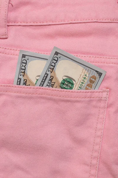 Cento Dollari Americani Due Banconote Tasca Pantaloni Rosa — Foto Stock