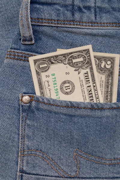 Banconote Uno Due Dollari Americani Blue Jeans Tasca Verticale Fotografia — Foto Stock