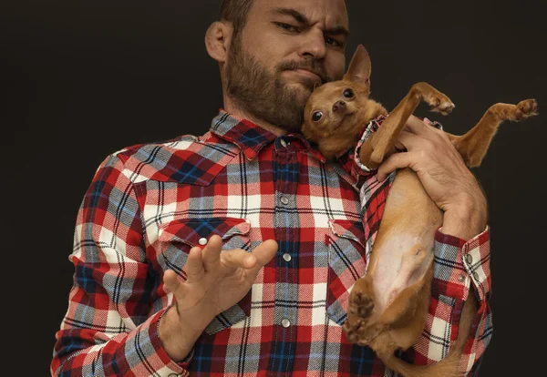 Portrait Adult Man Plaid Shirt His Lap Dog Unpleasant Emotions — Stock Photo, Image