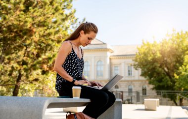 Şehrin dışındaki bankta dizüstü bilgisayar kullanan modern bir kadın.