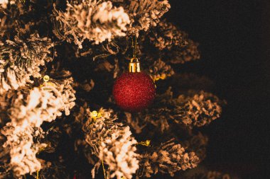 Noel ağacında asılı kırmızı Noel mücevherinin karıncalı bir fotoğrafı..