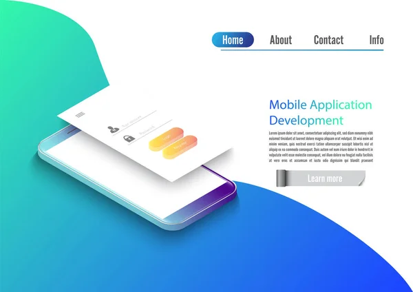 Векторная Иллюстрация Разработки Мобильных Приложений Изометрический Мобильный Телефон Макетом Приложения — стоковый вектор