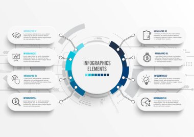 3 boyutlu kağıt etiketli vektör bilgi şablonu, entegre daireler. 8 seçenekli iş konsepti. İçerik, diyagram, akış şeması, adımlar, parçalar, zaman çizelgesi bilgileri, iş akışı, grafik.  
