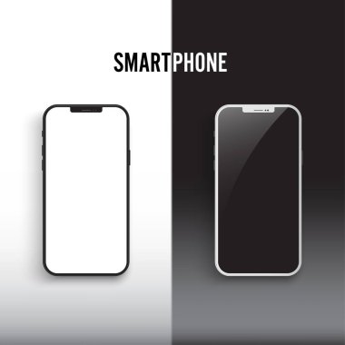 Beyaz ve siyah arka planda ekranı izole edilmiş siyah ve beyaz akıllı telefon modeli. Çizer vektörü.