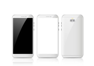 Modern beyaz dokunmatik ekranlı cep telefonu tableti. Akıllı telefon arka planda izole edilmiş. Telefon ön ve arka taraf izole edildi. Vektör illüstrasyonu.