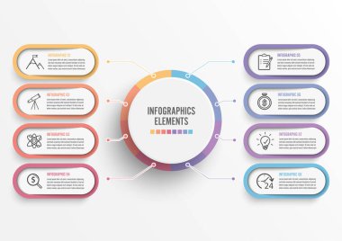 3 boyutlu kağıt etiketli vektör bilgi şablonu, entegre daireler. 8 seçenekli iş konsepti. İçerik, diyagram, akış şeması, adımlar, parçalar, zaman çizelgesi bilgileri, iş akışı, grafik.  