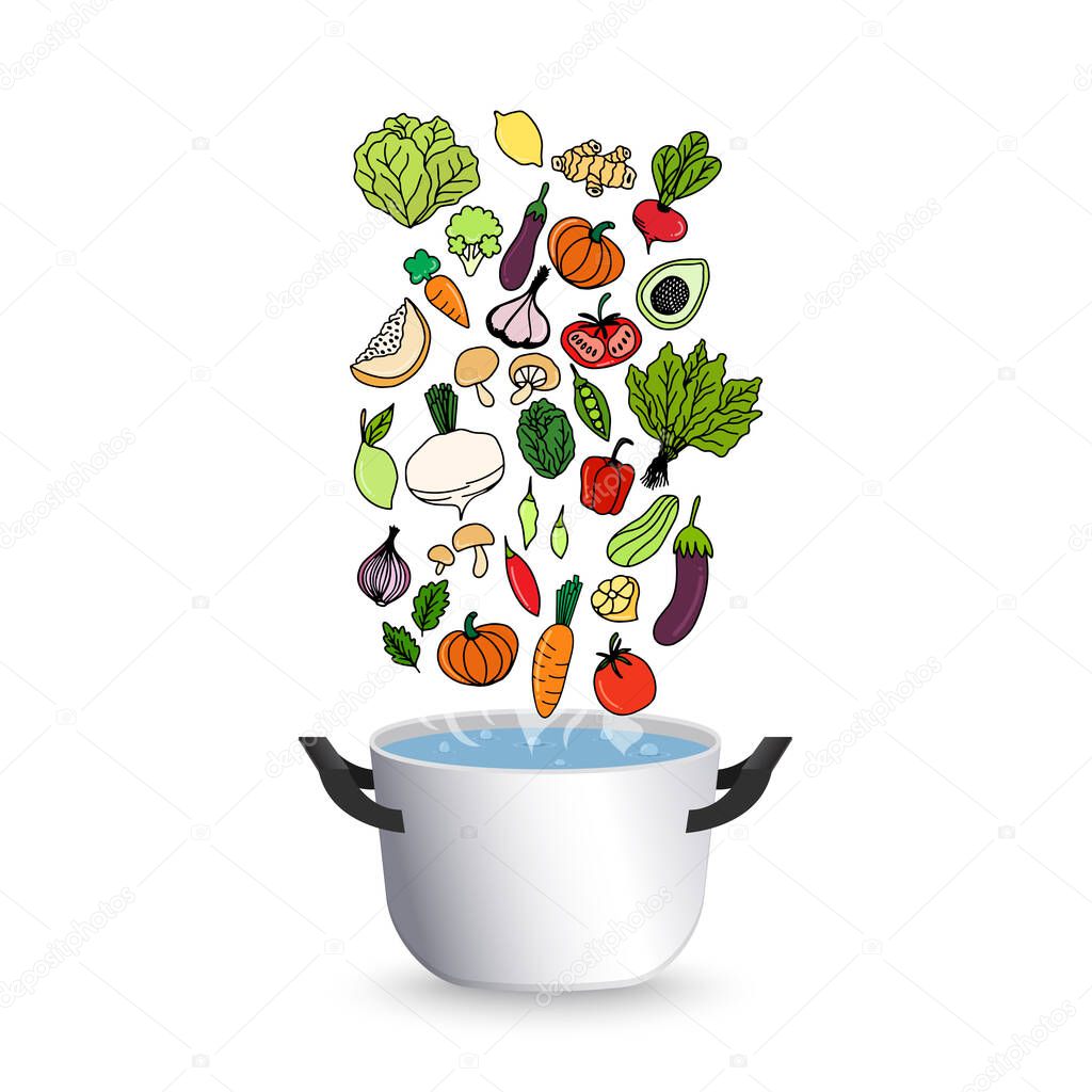 Cooking concept. On the stove, boil the soup. cooking food vector illustration isolate on a white background.