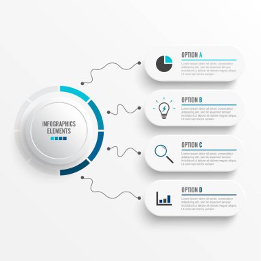 Etiketli grafik vektörü bilgi şablonunun soyut elemanları, entegre çemberler. 4 seçenekli iş konsepti. İçerik, diyagram, akış şeması, adımlar, parçalar, zaman çizelgesi bilgi grafikleri, iş akışı düzeni, grafik.  