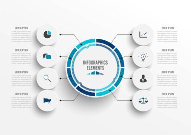 3 boyutlu kağıt etiketli vektör bilgi şablonu, entegre daireler. 8 seçenekli iş konsepti. İçerik, diyagram, akış şeması, adımlar, parçalar, zaman çizelgesi bilgileri, iş akışı, grafik. 