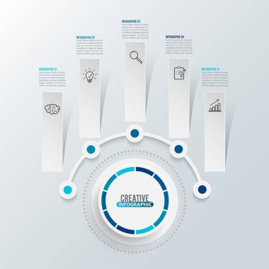 3 boyutlu kağıt etiketli vektör bilgi şablonu, entegre daireler. Seçenekli iş kavramı. İçerik, diyagram, akış şeması, adımlar, parçalar, zaman çizelgesi bilgi grafikleri, iş akışı düzeni, grafik 