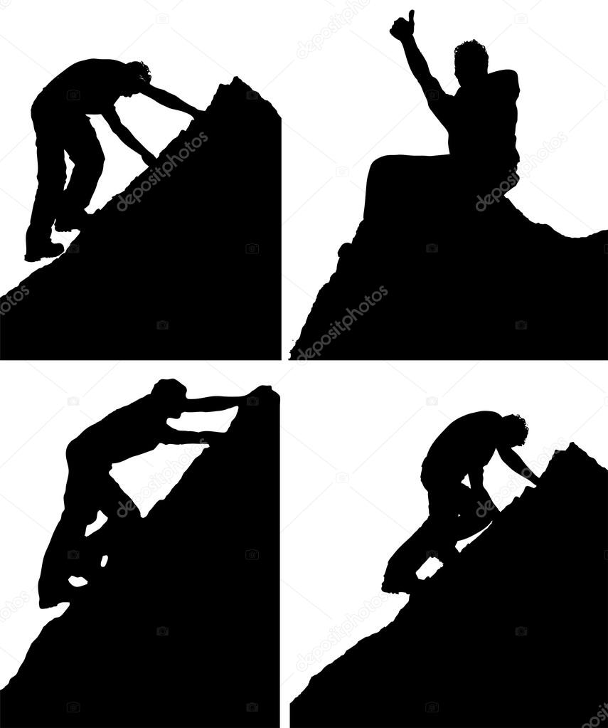 Set of four silhouettes of a man climbing a rock