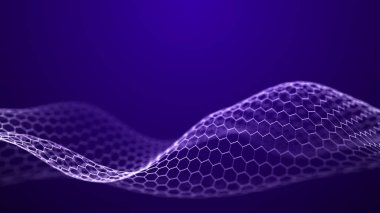 Hareketli noktalı soyut altıgen dalgası. Parçacık akışı. Siber teknoloji çizimi. 3d oluşturma.