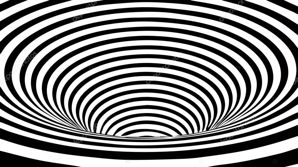 Abstract optical illusion funnel. Wormhole with surface warp. Black and white lines with distortion effect. Vector geometric stripes tunnel.