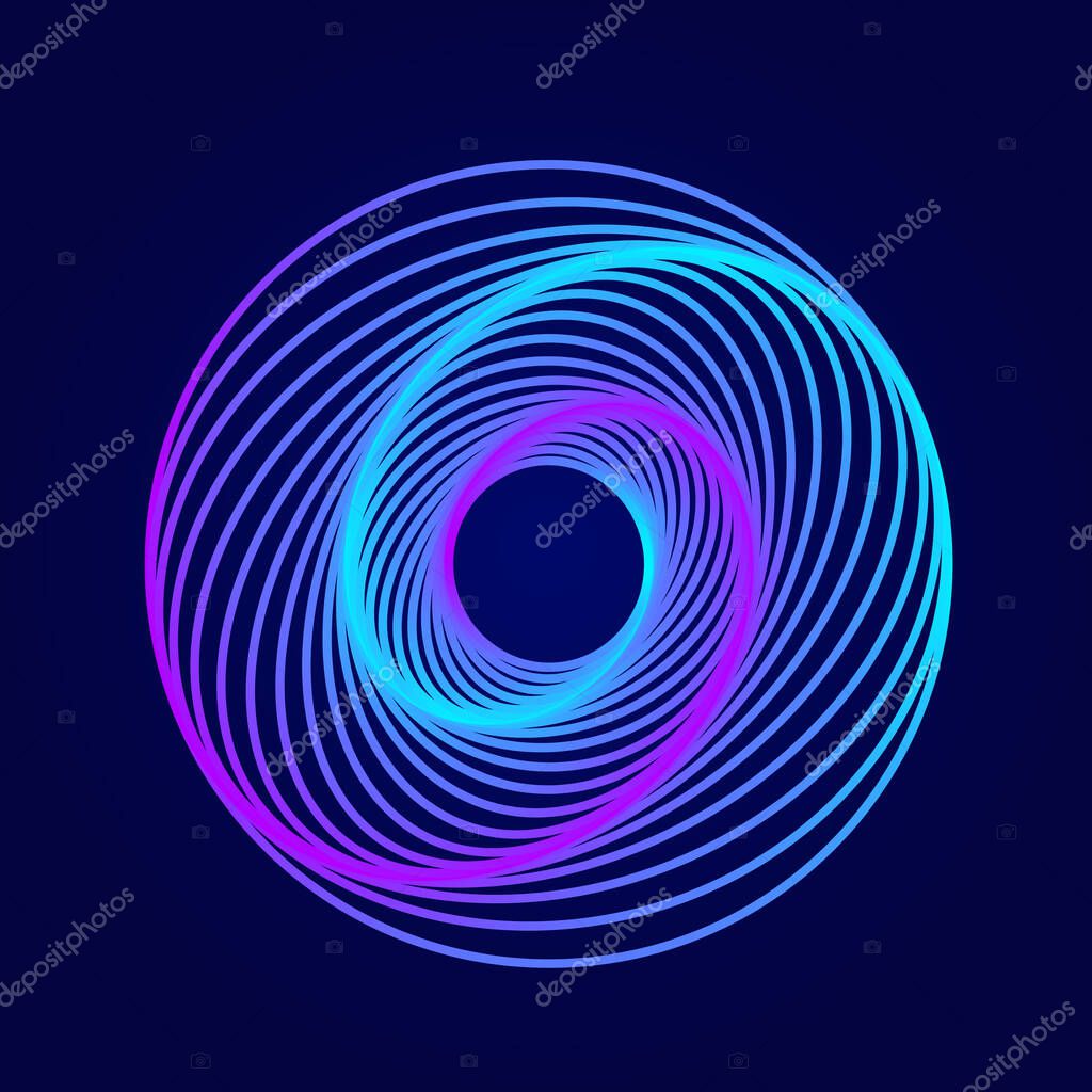 Set of abstract swirling symbols. Twisted wireframe tunnel. Curved shape. Technology glowing polygon element.