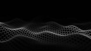 Hareketli noktalı soyut altıgen dalgası. Parçacık akışı. Siber teknoloji çizimi. 3d oluşturma.