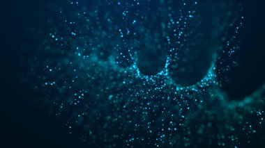 Parlayan parçacıkların olduğu dijital arkaplan. Fütürist yüksek teknoloji çizimi. Siber uzayda veri transferi kavramı. Büyük veri görselleştirmesi. 3d oluşturma.