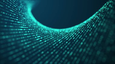 Hareketli noktalı soyut dalga. Parçacık akışı. Siber teknoloji çizimi. 3d oluşturma.