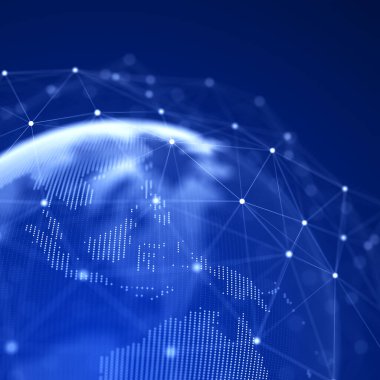 Genel ağ bağlantısı. Gelecekçi dünya haritası. Dünya gezegeni kavramı. 3B görüntüleme.