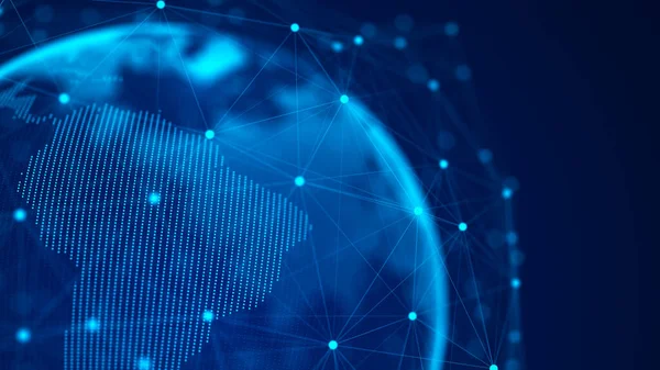 Genel ağ bağlantısı. Gelecekçi dünya haritası. Dünya gezegeni kavramı. 3B görüntüleme.