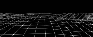 Soyut vektör perspektif ızgarası. Geçmişe dönük dijital arkaplan. Siyah arkaplanda tel çerçeve.