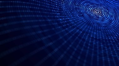 Hareketli noktalı soyut dalga. Parçacık akışı. Siber teknoloji çizimi. 3d oluşturma.