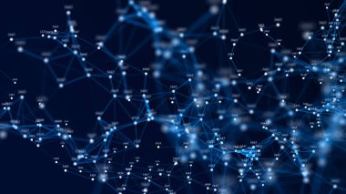 Veri analiz konsepti. Soyut dijital mavi arkaplan. Büyük veri görselleştirmesi. Parlayan parçacıklardan oluşan bir dalga. 3d oluşturma.