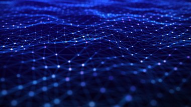Uzayda hareket eden nokta ve çizgilerin olduğu soyut dalga arkaplanı. Teknoloji çizimi. Gelecekçi modern dinamik dalga. 3d oluşturma.