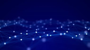 Uzayda hareket eden nokta ve çizgilerin olduğu soyut dalga arkaplanı. Teknoloji çizimi. Gelecekçi modern dinamik dalga. 3d oluşturma.