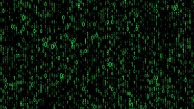 Yeşil matris arka planı. Teknoloji akışı ikili kodu. Ekranda düşen sayılar. Programlama, kodlama, hackleme ve şifreleme. 3d oluşturma.
