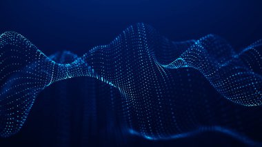 Hareketli noktalı soyut dalga. Parçacık akışı. Siber teknoloji çizimi. 3d oluşturma.