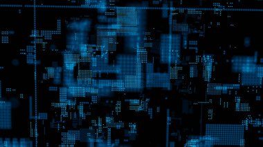 Parlayan parçacıkların olduğu dijital arkaplan. Fütürist yüksek teknoloji çizimi. Siber uzayda veri transferi kavramı. Büyük veri görselleştirmesi. 3d oluşturma.