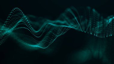 Hareketli noktalı soyut dalga. Parçacık akışı. Siber teknoloji çizimi. 3d oluşturma.