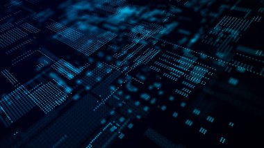 Parlayan parçacıkların olduğu dijital arkaplan. Fütürist yüksek teknoloji çizimi. Siber uzayda veri transferi kavramı. Büyük veri görselleştirmesi. 3d oluşturma.