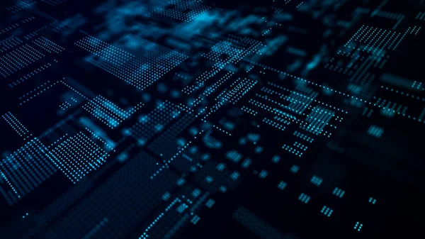 Parlayan parçacıkların olduğu dijital arkaplan. Fütürist yüksek teknoloji çizimi. Siber uzayda veri transferi kavramı. Büyük veri görselleştirmesi. 3d oluşturma.