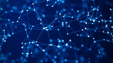 Hareketli noktalar ve çizgilerle soyut bir arkaplan. Ağ bağlantısı yapısı. Fütürist illüstrasyon. Dijital teknoloji tasarımı. 3d oluşturma.