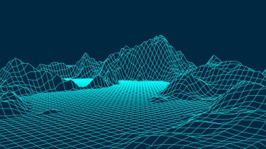 Teknoloji kablo çerçevesi. Gelecekçi çokgen arazi arka planı. Dijital vektör illüstrasyonu.