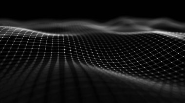 Uzayda hareket eden nokta ve çizgilerin olduğu soyut dalga arkaplanı. Teknoloji çizimi. Gelecekçi modern dinamik dalga. 3d oluşturma.