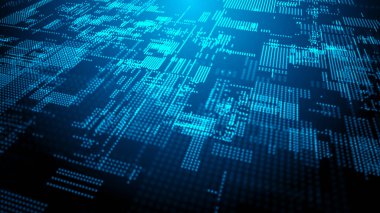 Parlayan parçacıkların olduğu dijital arkaplan. Fütürist yüksek teknoloji çizimi. Siber uzayda veri transferi kavramı. Büyük veri görselleştirmesi. 3d oluşturma.