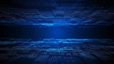 Parlayan parçacıkların olduğu dijital arkaplan. Fütürist yüksek teknoloji çizimi. Siber uzayda veri transferi kavramı. Büyük veri görselleştirmesi. 3d oluşturma.