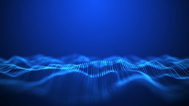 Hareketli noktalı soyut dalga. Parçacık akışı. Siber teknoloji çizimi. 3d oluşturma.