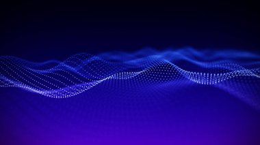 Hareketli noktalı soyut dalga. Parçacık akışı. Siber teknoloji çizimi. 3d oluşturma.