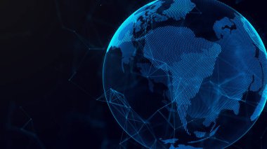 Genel ağ bağlantısı. Gelecekçi dünya haritası. Dünya gezegeni kavramı. 3B görüntüleme.